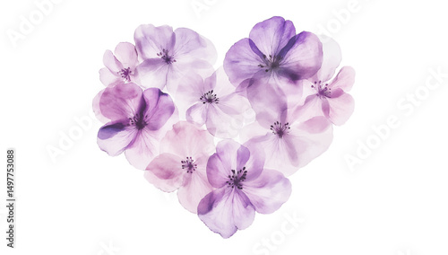 Purple flowers arranged in a heart shape painted in watercolor.