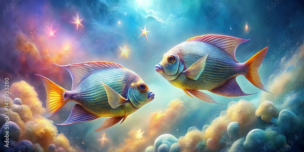 Fototapeta premium Two Vibrant Fish Swim Amidst a Celestial Dreamscape of Sparkling Stars and Soft, Colorful Clouds