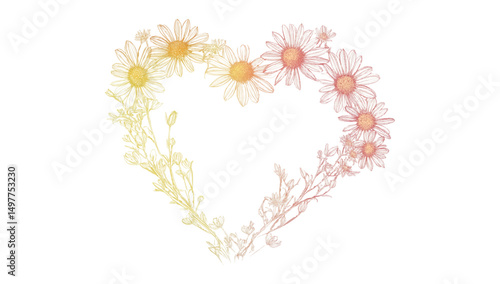 Pastel line art daisy with heart shape on white background.