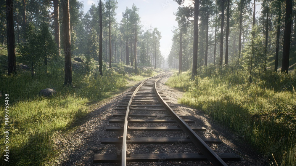 Fototapeta premium Railroad tracks curve through a sun-dappled forest, inviting exploration.