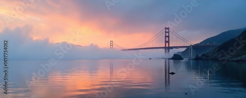 Misty morning on the San Francisco Bay, fog rolling in over calm water, dramatic sky, Golden Gate Bridge faintly visible in the distance ,  travel,  light,  picturesque