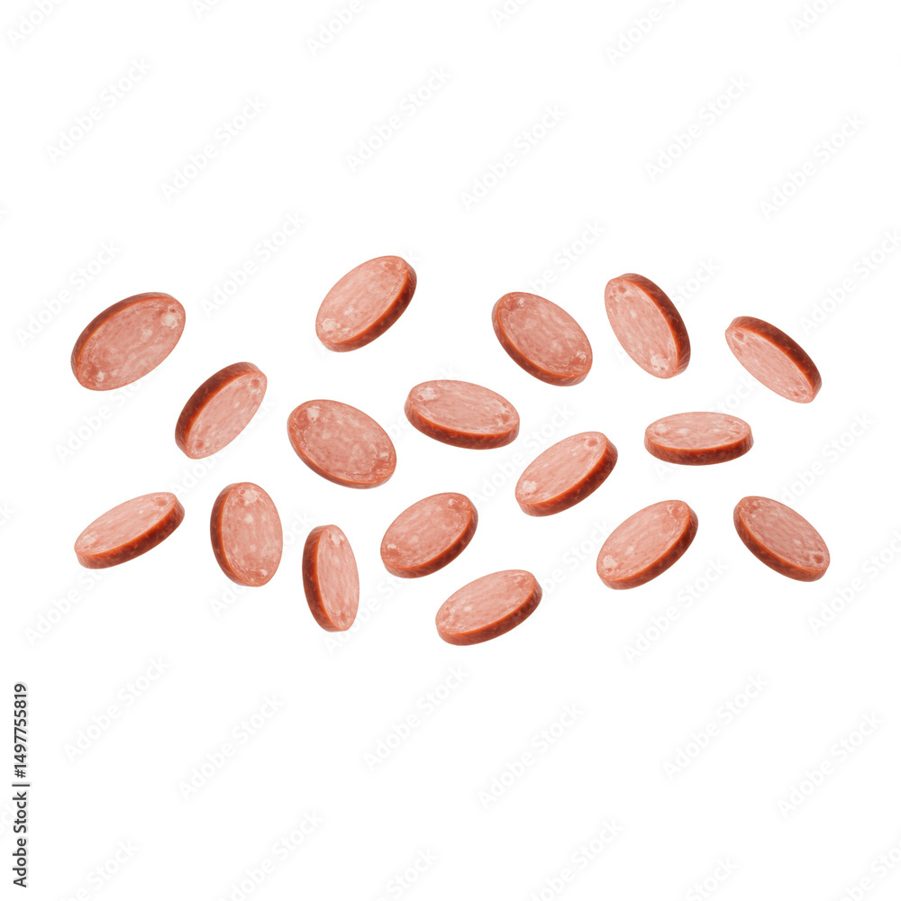 Obraz premium Sausage pieces levitating, isolated on transparent PNG background