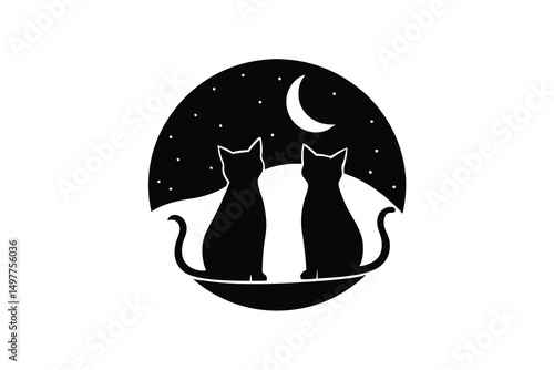 Two black cat silhouettes under night sky crescent moon