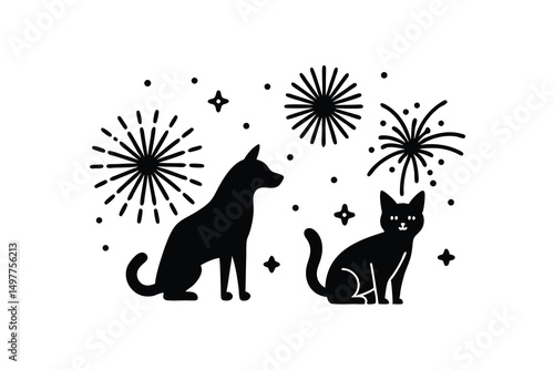 Festive fireworks night silhouette dog and cat