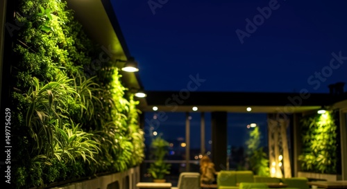 Wallpaper Mural Lush green vertical garden on an outdoor balcony illuminated at night. Nature wall with various plants and bright artificial light for decor. Torontodigital.ca