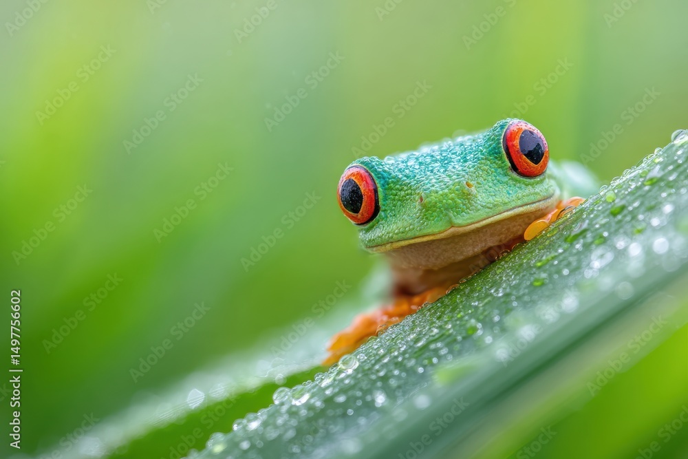 Obraz premium Close-up of a vibrant green frog perched on a dewy leaf, showcasing striking red eyes, lush background, and shimmering water droplets under soft natural light.