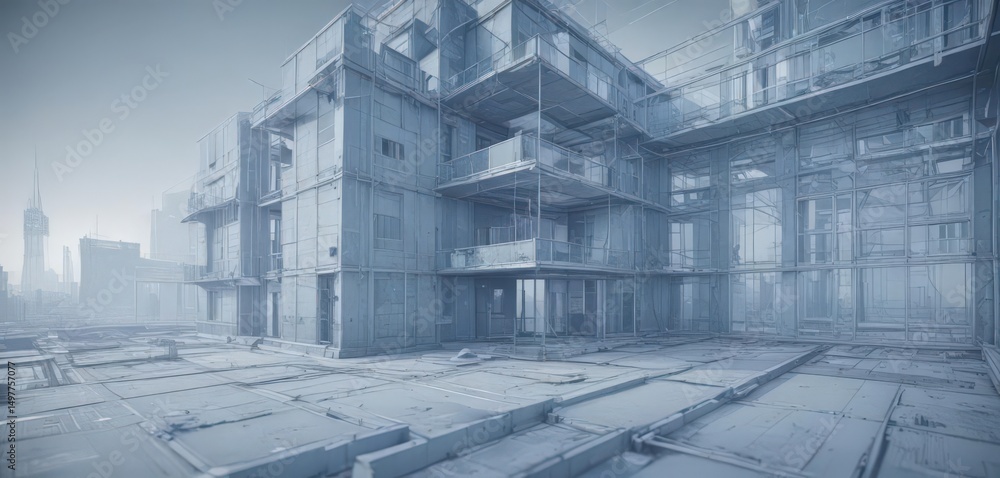 Obraz premium Abstract architectural blueprint with photo effect, faded blue tones, lines, print