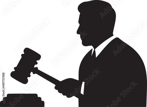 Judge Silhouette With Gavel Striking Sound Block Symbolizing Justice And Courtroom Proceedings.