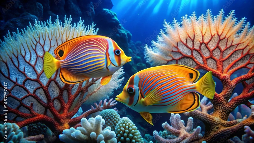 Vibrant Tropical Reef Fish Pair Amidst Coral Branches in Underwater Paradise Vibrant Tropical Reef Fish Pair Amidst Coral Branches in Underwater Paradise
