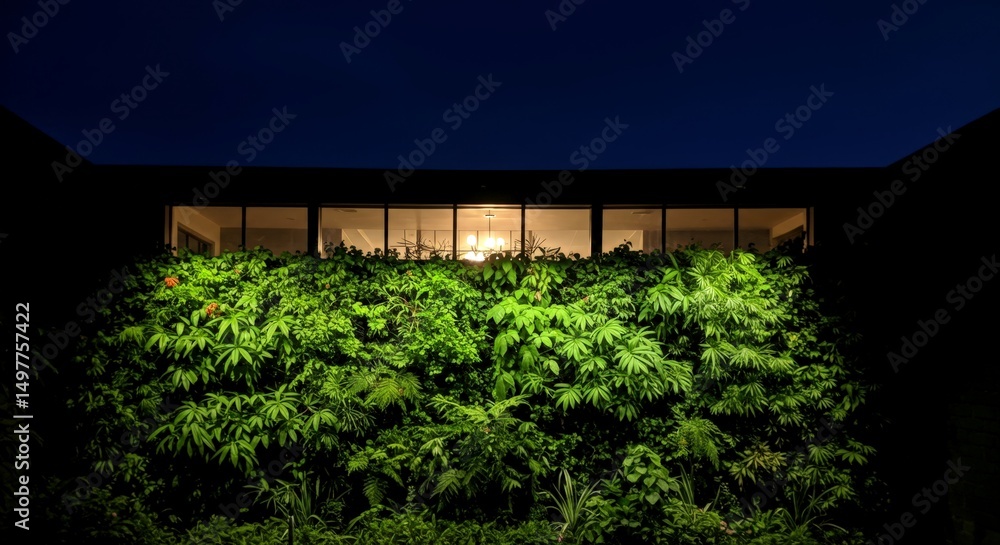 Fototapeta premium Modern building exterior with lush green living wall at dusk and illuminated interior. Sustainable architecture with vertical garden element.