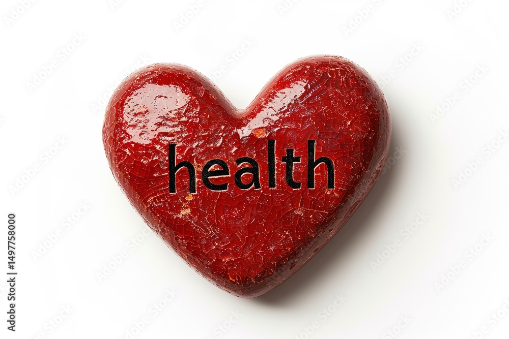 Obraz premium Red ceramic heart with word 'health' isolated on white background. Symbolizing wellness, heart care and medical awareness. Ideal for healthcare promotions, medical articles and wellness campaigns