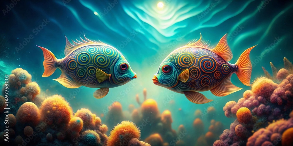 Fototapeta premium Oceanic Encounter Two Ornate Fish Gaze at Each Other Amidst Vibrant Coral Reef