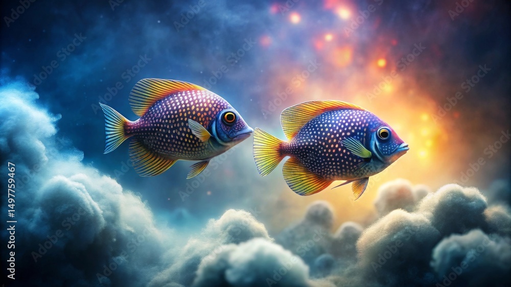 Fototapeta premium Two vibrant fish with speckled bodies and bright yellow fins gracefully swim through a dreamy, ethereal cloudscape, a scene of serene aquatic fantasy.