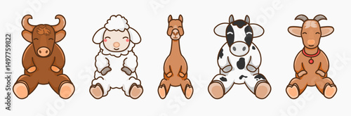 Adorable flat illustration of sitting Qurban animals in cartoon style for Eid al-Adha and kids content