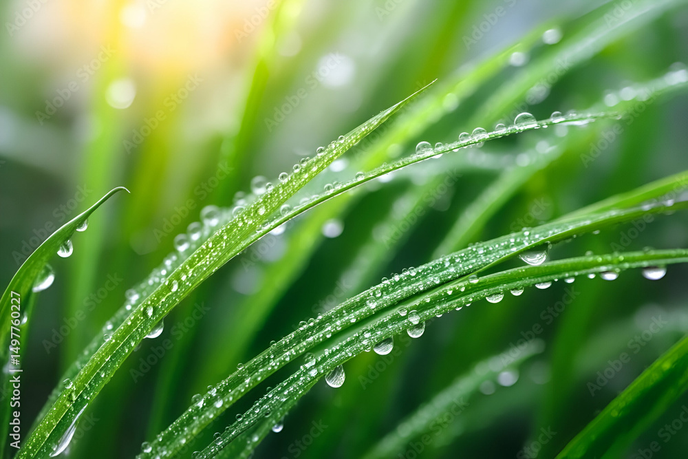Obraz premium Close-up of vibrant green grass blades glistening with water droplets, showcasing nature's beauty and freshness in a serene setting.