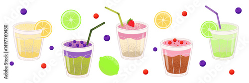 Detox smoothie with fresh fruits, berries, lemons, lime. Refreshing fruit drink with blueberries, strawberries, lemon, currants. Organic and protein-rich smoothie for wellness and summer.