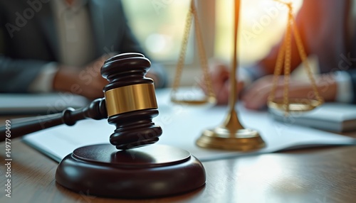 Judge gavel scales justice. Lawyer consulting discussing contract papers at law firm. Asian business legal advice. Justice concept, courtroom law, legal system, decision.