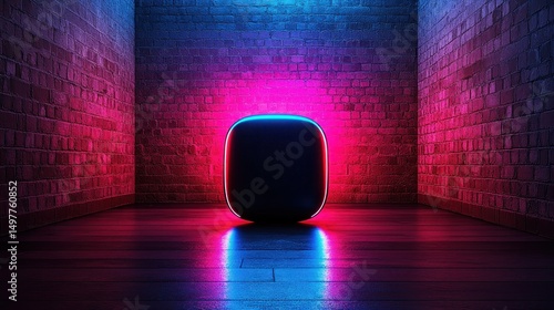 Modern speaker illuminated by vibrant neon lights