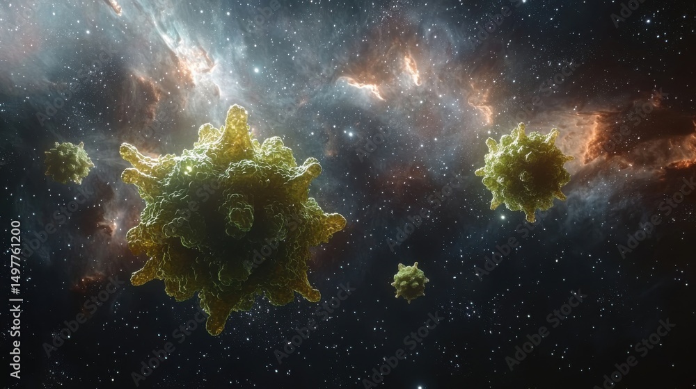 Obraz premium Visualizing viral forms gracefully drifting across the backdrop of a breathtaking nebula.