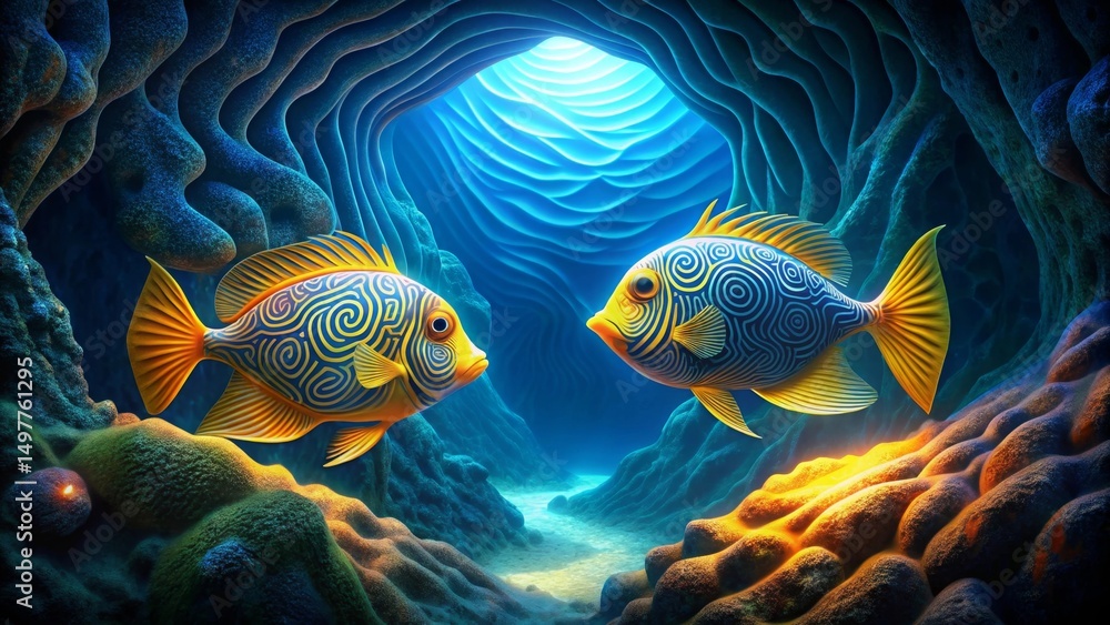 Fototapeta premium Ornate Fish Encounter in a Submerged Grotto A Vivid Underwater Scene Depicting Two Fish with Intricate Designs Swimming Towards a Luminous Opening