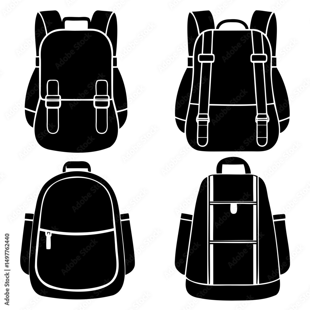 Fototapeta premium Stylish backpack silhouette collection featuring four variations in vector format on clear background