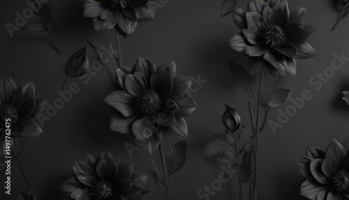 Dark grey background, elegant charcoal black flower pattern with deep petals & stems ,  bloom,  elegant,  print