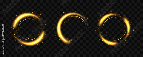 Set of golden light circles with sparkling effects and twirling curves. Luminous flashes form glowing circular rings.