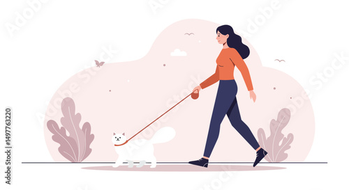 Woman Walking Cat on Leash in Park