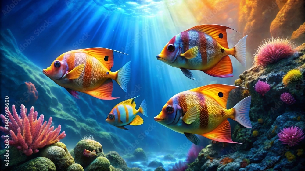 Vibrant Reef Inhabitants A Colorful Underwater Scene Featuring Striking Fish and Lush Coral Formations Vibrant Reef Inhabitants A Colorful Underwater Scene Featuring Striking Fish and Lush Coral Formations