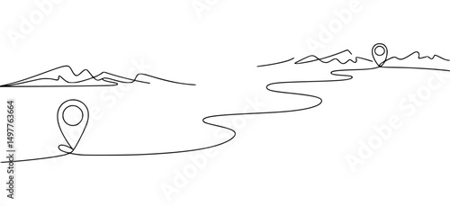 Journey with map markers and mountain views in line art style.