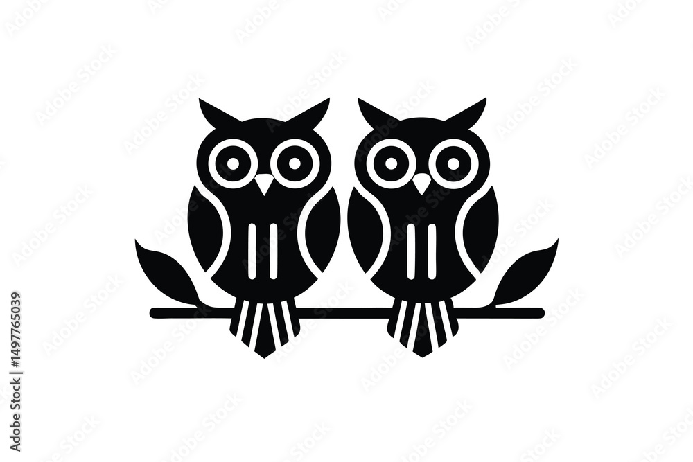 Fototapeta premium Two adorable owl silhouettes perched on a branch