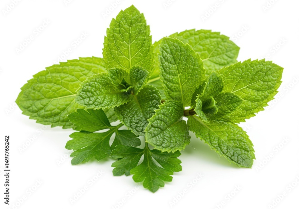 Fresh Green Mint and Parsley Sprigs Isolated on White Background Fresh Green Mint and Parsley Sprigs Isolated on White Background