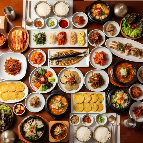 Traditional Korean full-course meal with various side dishes and soups(AI generated)