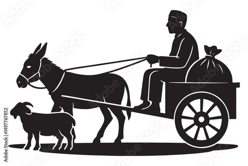 Black and white silhouette of man riding donkey cart with goat illustration for design and decoration