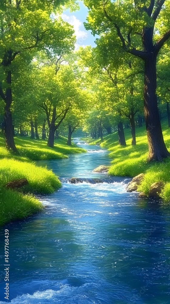 Fototapeta premium Sunlit stream meanders through lush green forest, vibrant foliage bordering tranquil waters