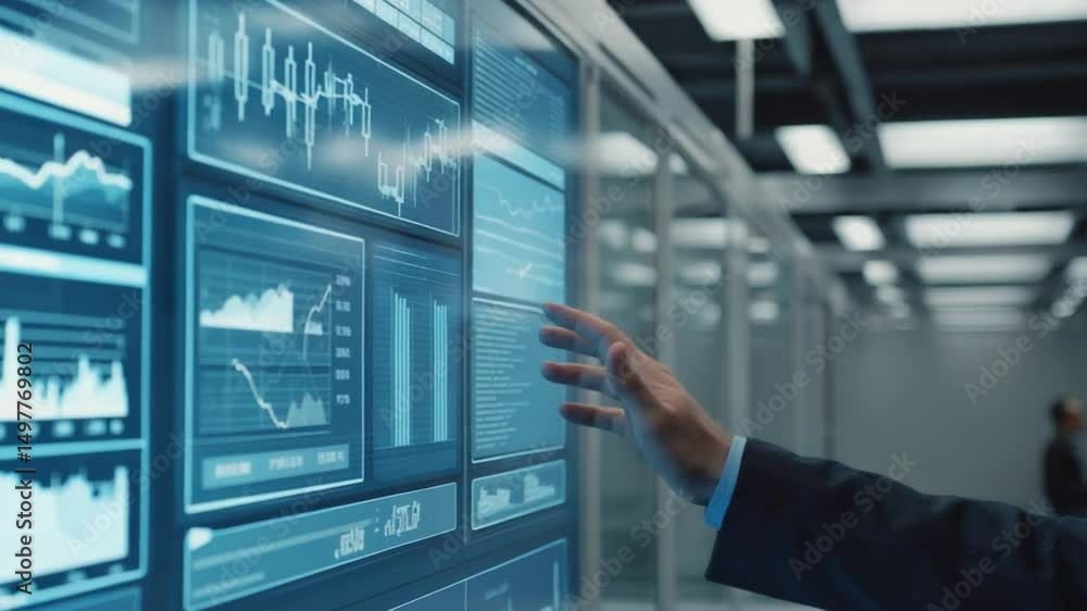 Businessman Analyzing Financial Data on Interactive Screen Businessman Analyzing Financial Data on Interactive Screen
