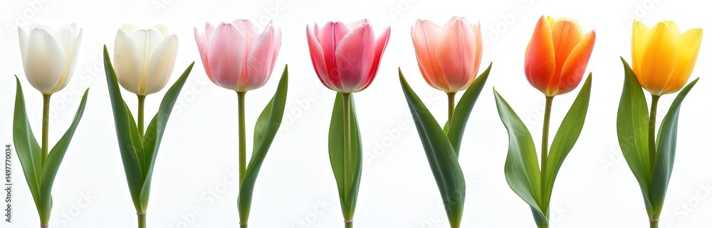 Collection of vibrant tulip flowers on transparent background cutout PNG file. Colorful tulip stems with leaves. Blooms in white, cream, pink, orange, yellow colors. Floral template design for Collection of vibrant tulip flowers on transparent background cutout PNG file. Colorful tulip stems with leaves. Blooms in white, cream, pink, orange, yellow colors. Floral template design for