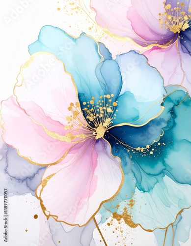 Malowane, pastelowe kwiaty - akwarela. Tapeta, dekoracja, białe tło. Generative AI