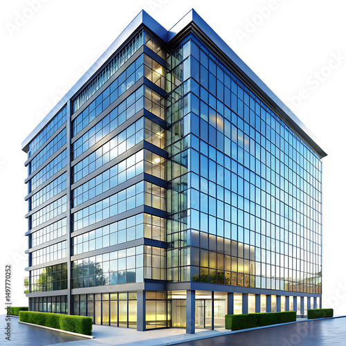  modern office building with glass facade on white background, PNG