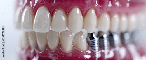 Detailed view of dental implants in transparent gums.
