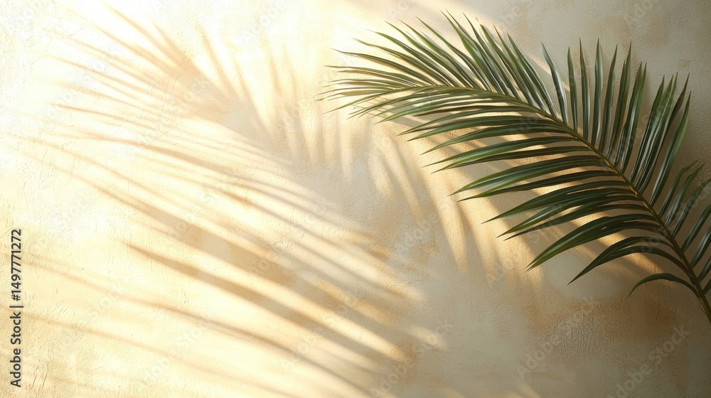 Obraz premium a palm frond casts beautiful shadows on a textured cream wall, illuminated by the sun.