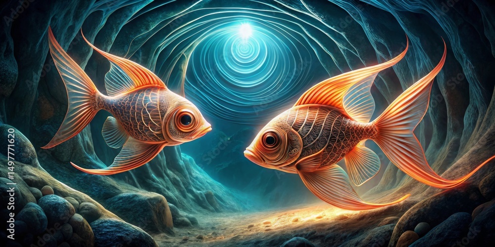 Enchanted Aquatic Duo Two Ornate Fish Swim Through a Mysterious Underwater Cave, Glowing with an Ethereal Light Enchanted Aquatic Duo Two Ornate Fish Swim Through a Mysterious Underwater Cave, Glowing with an Ethereal Light
