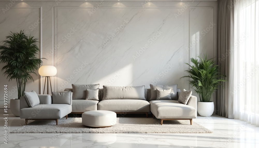Fototapeta premium Modern luxury living room with marble flooring, comfortable sofa, green plants. Interior design with minimalist aesthetic. Sophisticated home decor featuring furniture, floor lamp, stylish,
