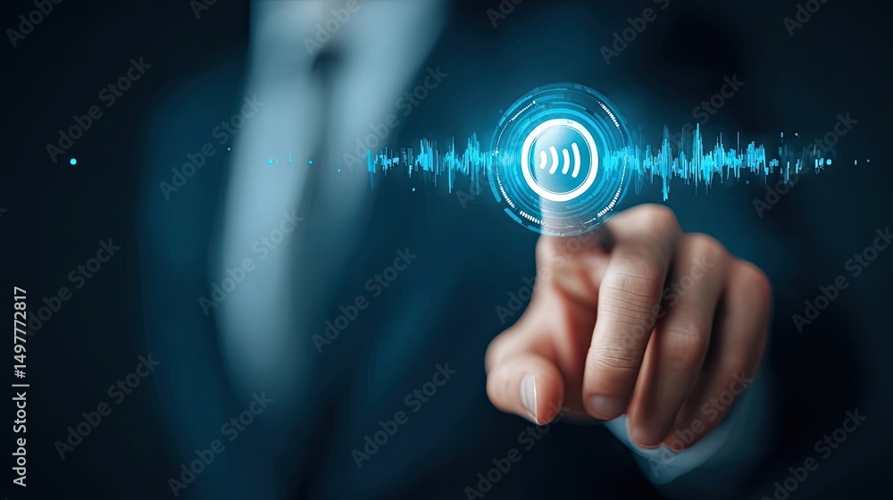 Fototapeta premium Businessman activating digital voice assistant interface with fingertip, representing smart AI technology, virtual help, and voice command system in corporate environment