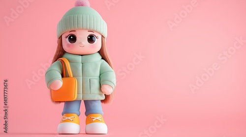Cute toy girl wearing winter clothing illustration 3d render. Childhood care. Big eyed female character in jacket and hat of blocks cartoon image scene art. Visual storytelling