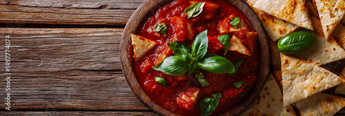Traditional red tomato sauce, with fresh basil and crunchy chips, served in a bowl, on a rustic wooden plate, close-up.
