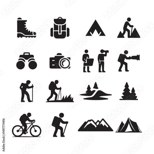 A collection of black and white silhouette icons depicting various outdoor activities and elements related to hiking, camping, and exploring nature.