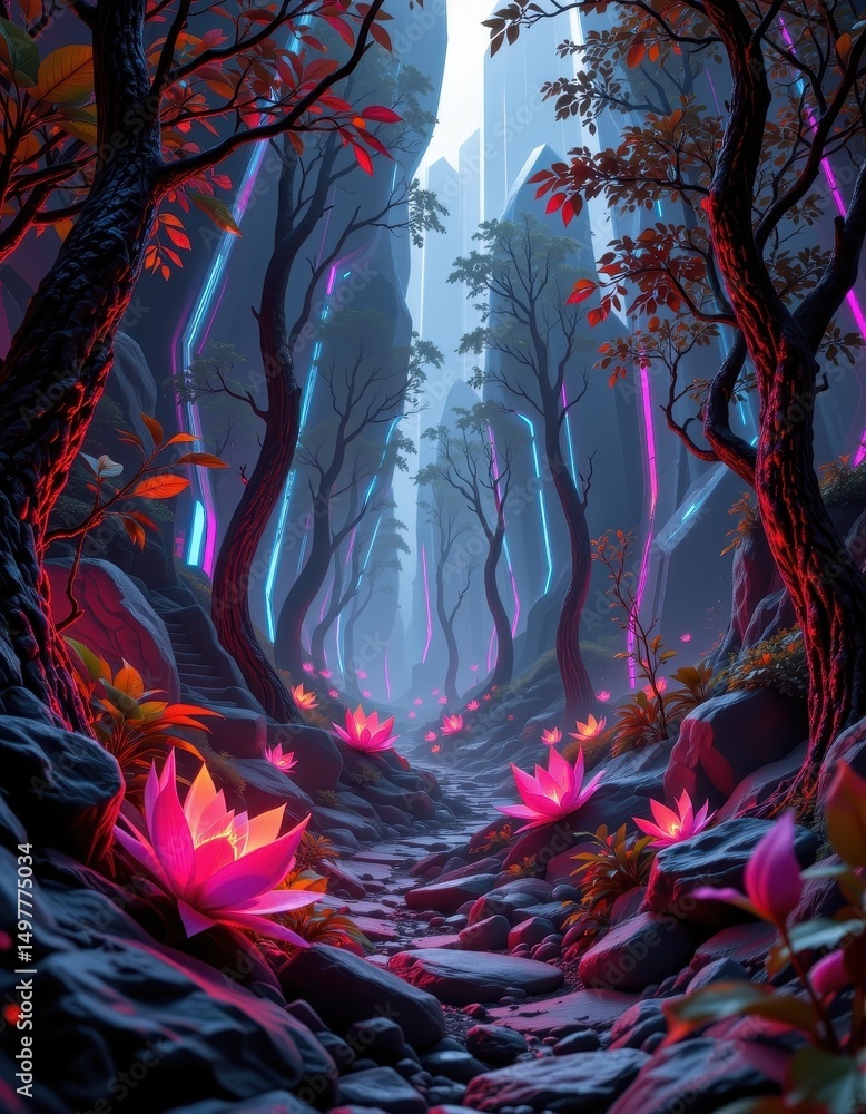 Fototapeta premium futuristic digital rendering of a sci fi forest with bioluminescent plants and sleek metallic trees