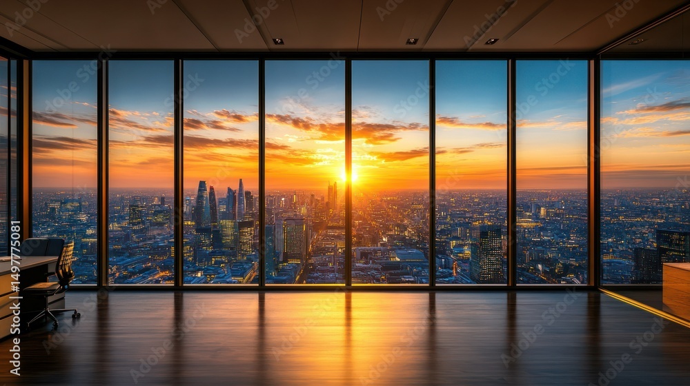 Fototapeta premium Office interior overlooking a city skyline at sunset, modern architecture.