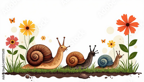 Colorful snails and slugs crawling in garden flowers, nature's beauty